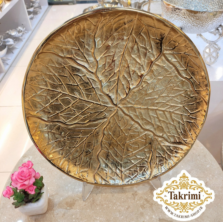 دیس شیرینی خوری دایره مدل درختی سایز بزرگ طلایی فورتیک جنس آلومینیوم پرداختکاری عالی