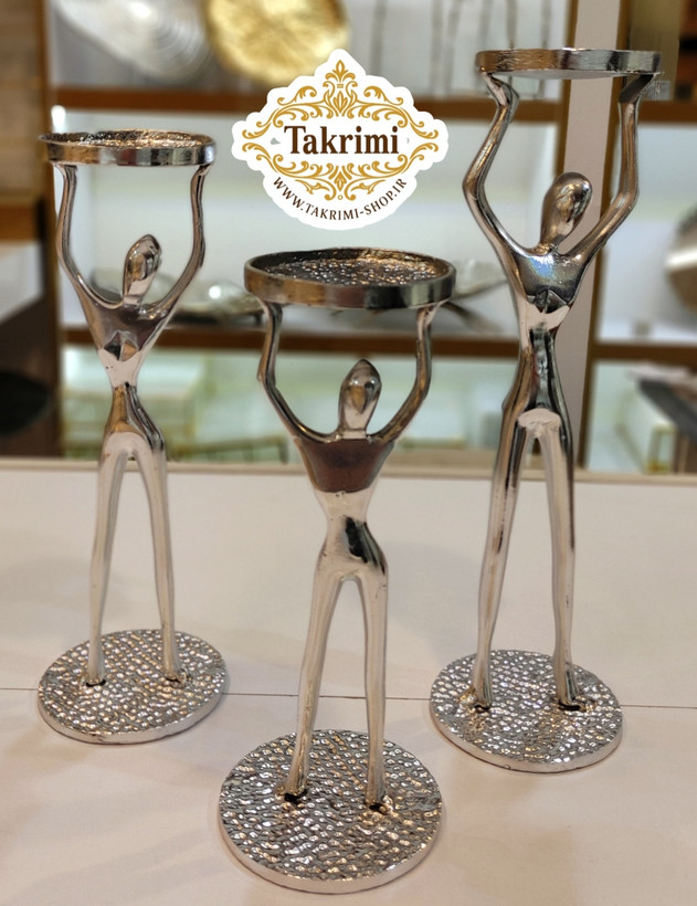 شمعدان شمع دان جاشمعی جا شمعی 3 سایز آدمک بالرین نقره ای آلومینیوم خالص ( تکریمی شاپ )