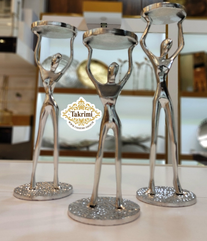 شمعدان شمع دان جاشمعی جا شمعی 3 سایز آدمک بالرین نقره ای آلومینیوم خالص ( تکریمی شاپ )