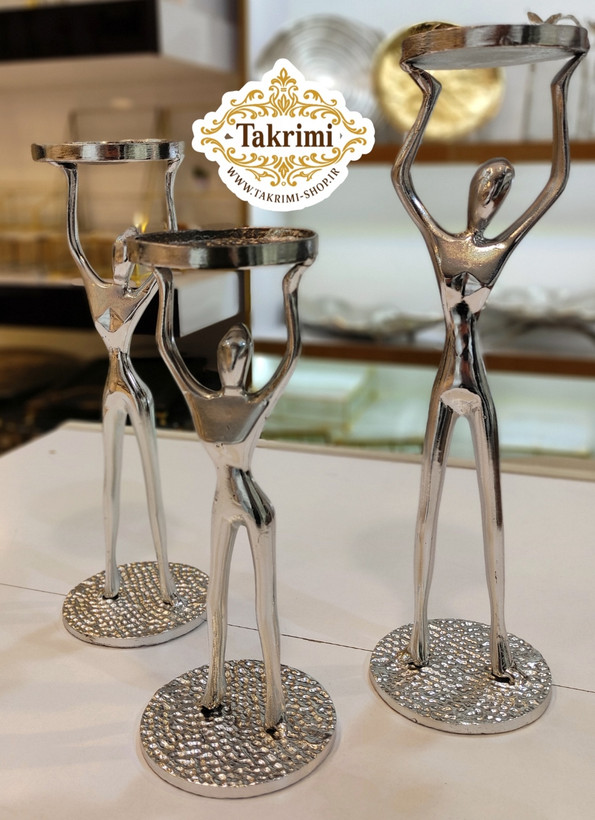 شمعدان شمع دان جاشمعی جا شمعی 3 سایز آدمک بالرین نقره ای آلومینیوم خالص ( تکریمی شاپ )