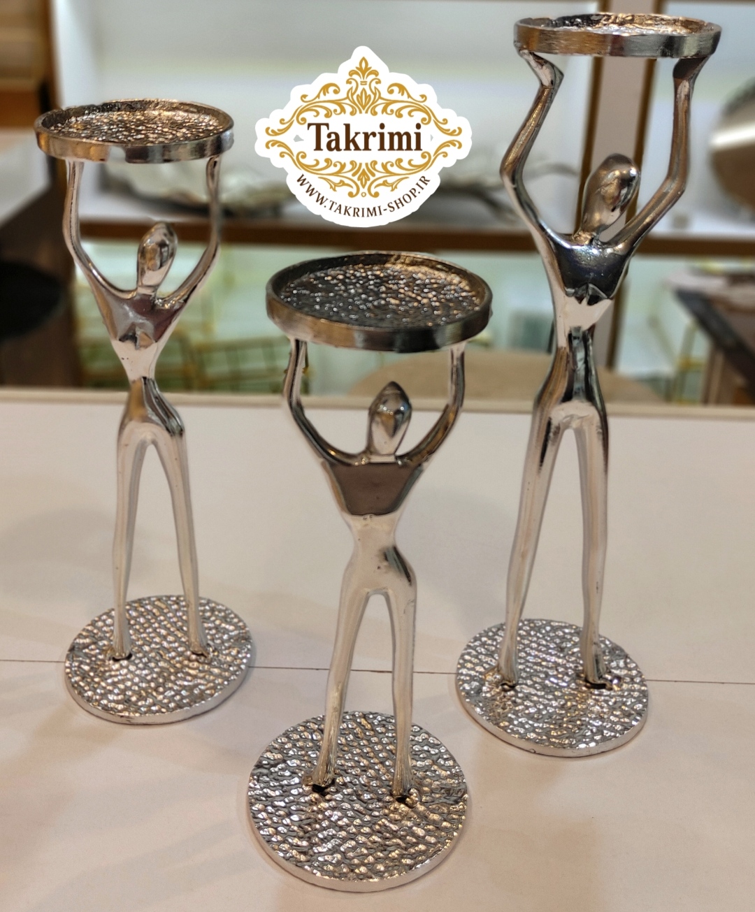 شمعدان شمع دان جاشمعی جا شمعی 3 سایز آدمک بالرین نقره ای آلومینیوم خالص ( تکریمی شاپ )