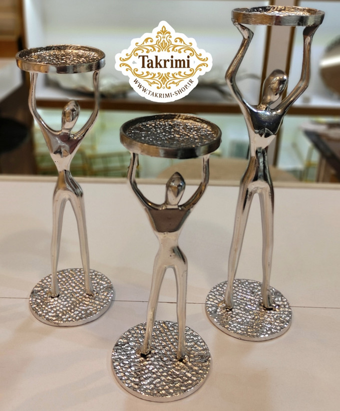 شمعدان شمع دان جاشمعی جا شمعی 3 سایز آدمک بالرین نقره ای آلومینیوم خالص ( تکریمی شاپ )