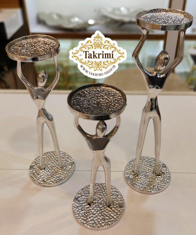 شمعدان شمع دان جاشمعی جا شمعی 3 سایز آدمک بالرین نقره ای آلومینیوم خالص ( تکریمی شاپ )