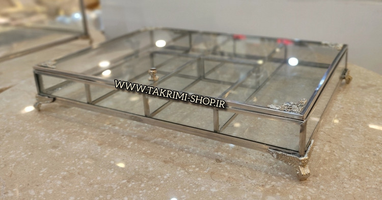 تیبگ تی بگ اردو خوری شکلات خوری تنقلات خوری شیشه و استیل خالص نقره ای ( با عمق کم " ٣ سانت " ) تولیدی تکریمی شاپ
