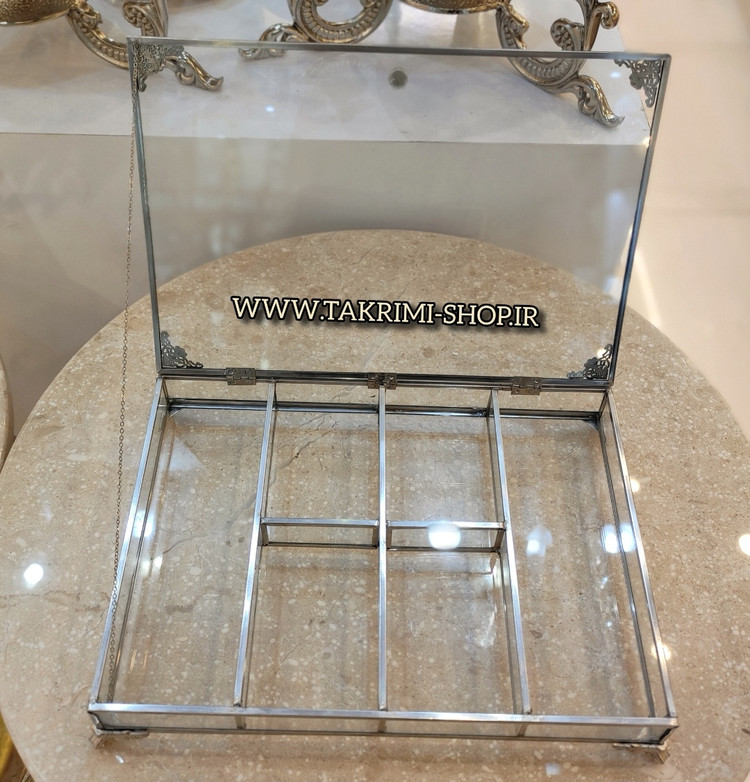 تیبگ تی بگ اردو خوری شکلات خوری تنقلات خوری شیشه و استیل خالص نقره ای ( با عمق کم " ٣ سانت " ) تولیدی تکریمی شاپ
