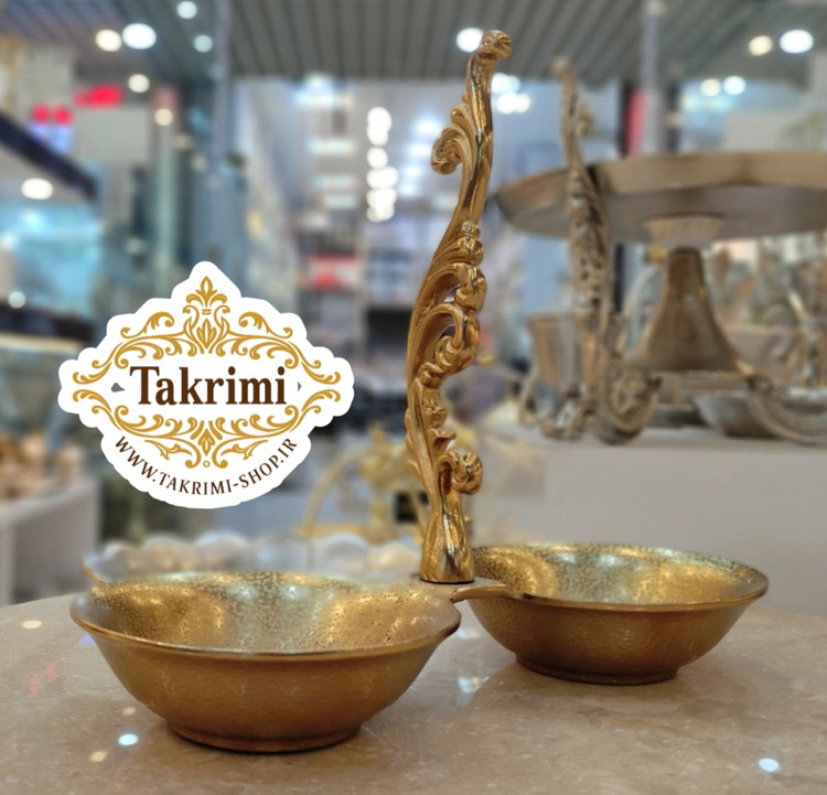 ظرف اردو خوری 2 دو خانه تایی یا تنقلات خوری دسته دار سلطنتی کلاسیک یاس طلایی آلومینیومی ( تکریمی شاپ )