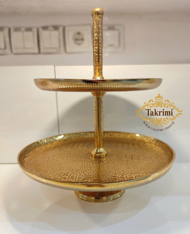 استند شیرینی خوری 2طبقه 2 دو طبقه دوطبقه چرمی اورجینال پوست ماری تمساحی سایز بزرگ طلایی فورتیک ( تکریمی شاپ )