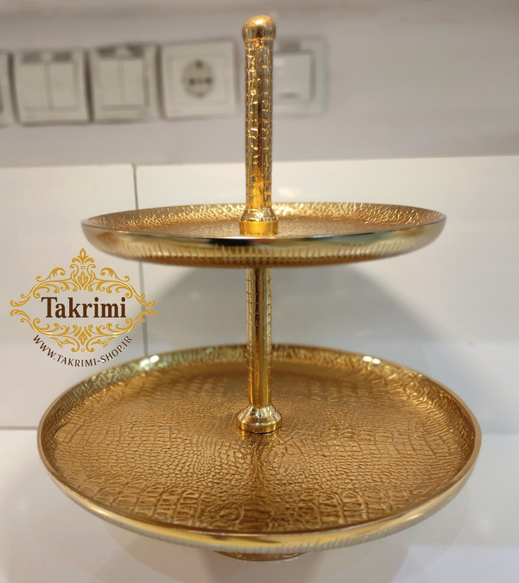 استند شیرینی خوری 2طبقه 2 دو طبقه دوطبقه چرمی اورجینال پوست ماری تمساحی سایز بزرگ طلایی فورتیک ( تکریمی شاپ )