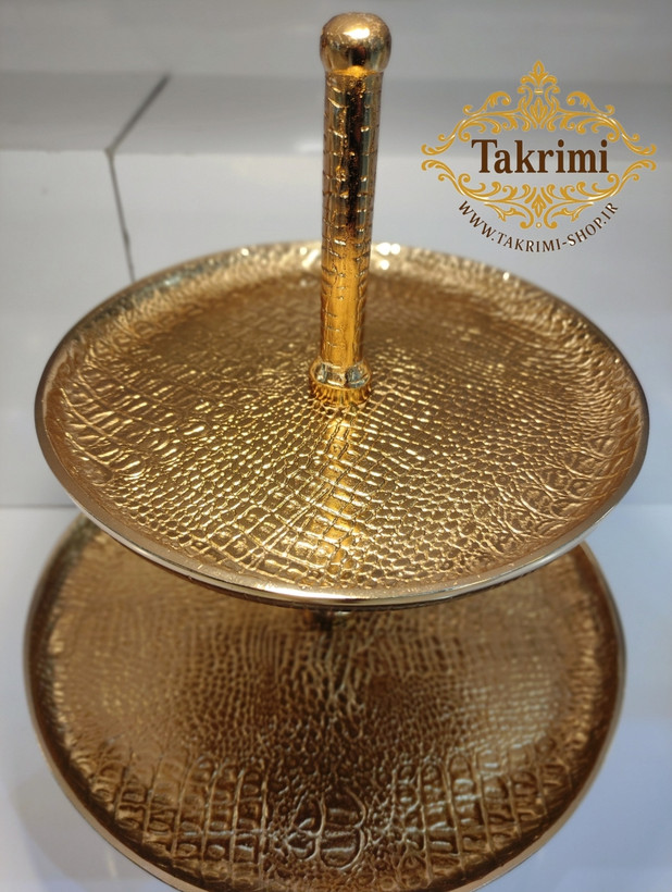 استند شیرینی خوری 2طبقه 2 دو طبقه دوطبقه چرمی اورجینال پوست ماری تمساحی سایز بزرگ طلایی فورتیک ( تکریمی شاپ )