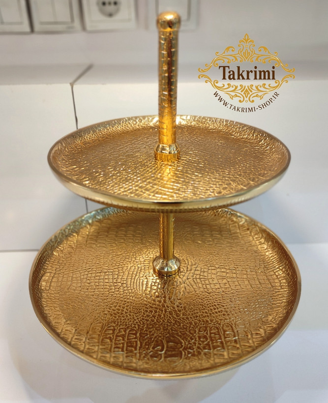 استند شیرینی خوری 2طبقه 2 دو طبقه دوطبقه چرمی اورجینال پوست ماری تمساحی سایز بزرگ طلایی فورتیک ( تکریمی شاپ )