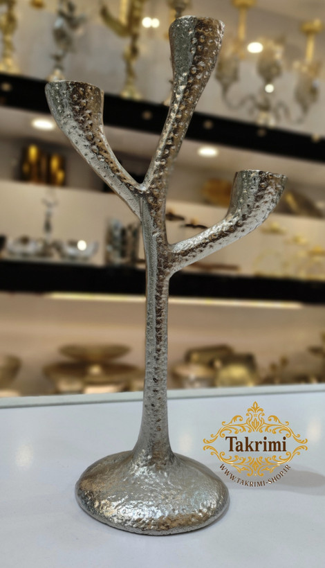 شمعدان شمعدون جاشمعی جا شمعی 3 شعله کاکتوس طلایی آلومینیومی آلیاژی خالص نقره ای( تکریمی شاپ )