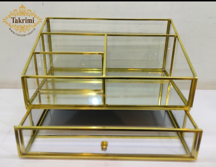 استند لوازم آرایشی جای لوازم آرایشی کشو دار طلایی جنس اصلی برنج خالص ( توليدی تکریمی شاپ )