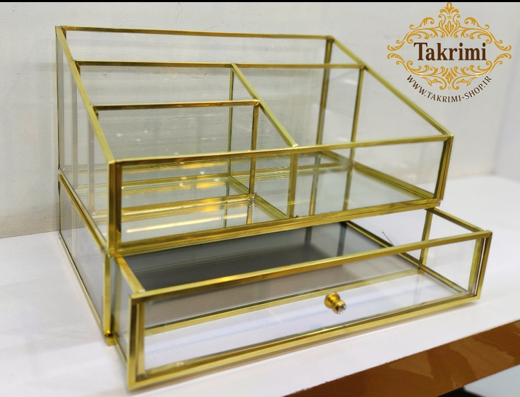 استند لوازم آرایشی جای لوازم آرایشی کشو دار طلایی جنس اصلی برنج خالص ( توليدی تکریمی شاپ )