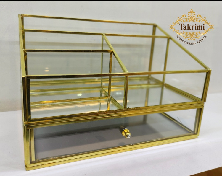 استند لوازم آرایشی جای لوازم آرایشی کشو دار طلایی جنس اصلی برنج خالص ( توليدی تکریمی شاپ )