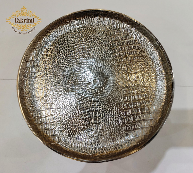 کاپ کیک یا شیرینی خوری بزرگ نقره ای بدون دسته طرح چرمی پوست ماری تمساحی آلومینیومی اورجینال اصلی ( تولیدی تکریمی شاپ )