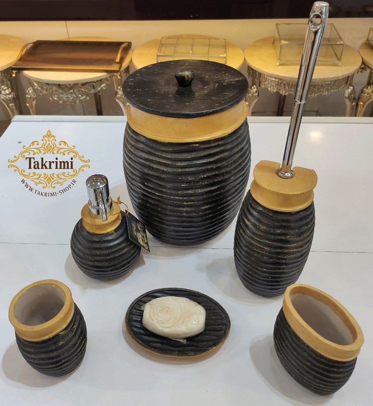 ست سرویس بهداشتی دستشویی رزین پولی استر مشکی طلایی 6 تکه ( تکریمی شاپ )
