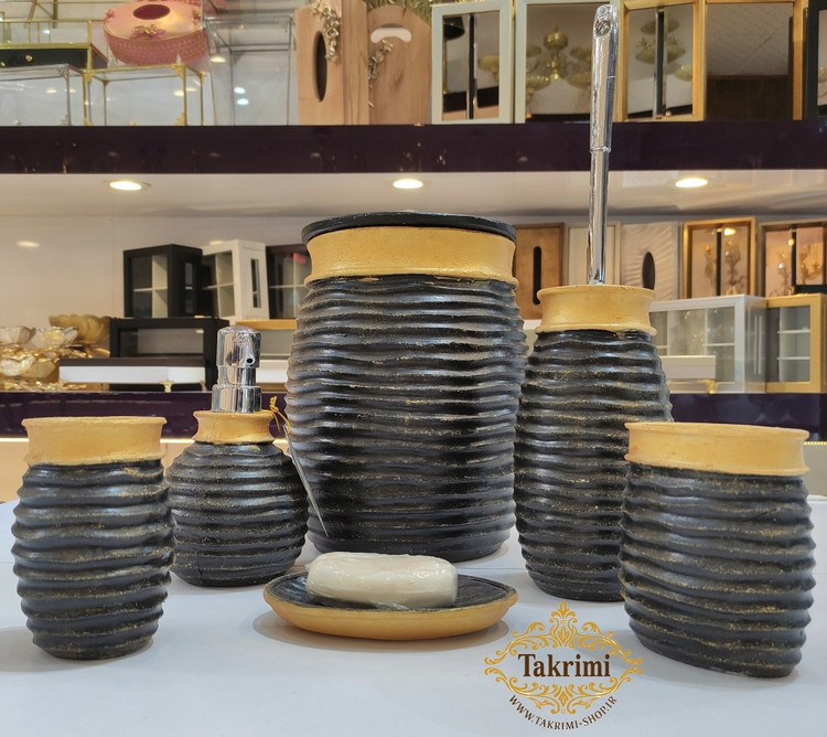 ست سرویس بهداشتی دستشویی رزین پولی استر مشکی طلایی 6 تکه ( تکریمی شاپ )