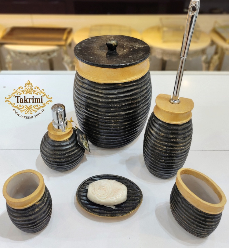 ست سرویس بهداشتی دستشویی رزین پولی استر مشکی طلایی 6 تکه ( تکریمی شاپ )