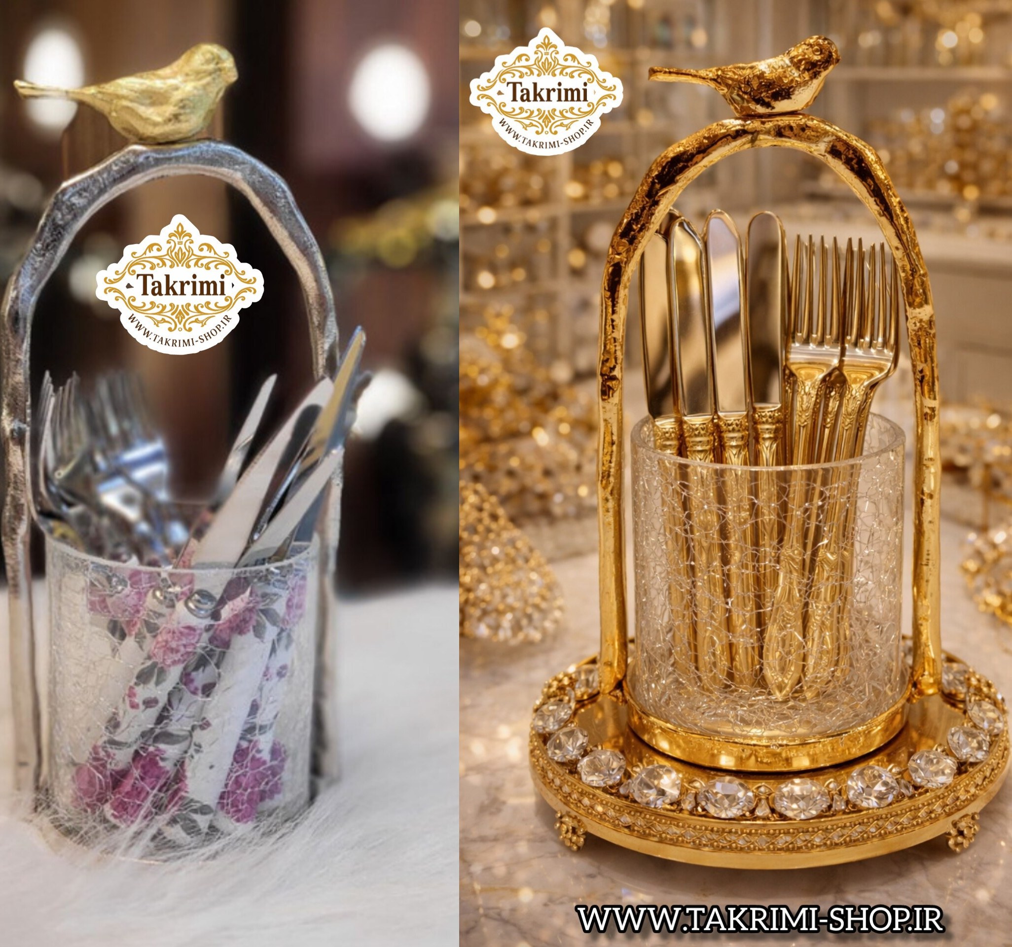 جا کاردی جا قاشقی جاکاردی جاقاشقی ایوان گنجشک طلایی و نقره ای ( تولیدی تکریمی شاپ )