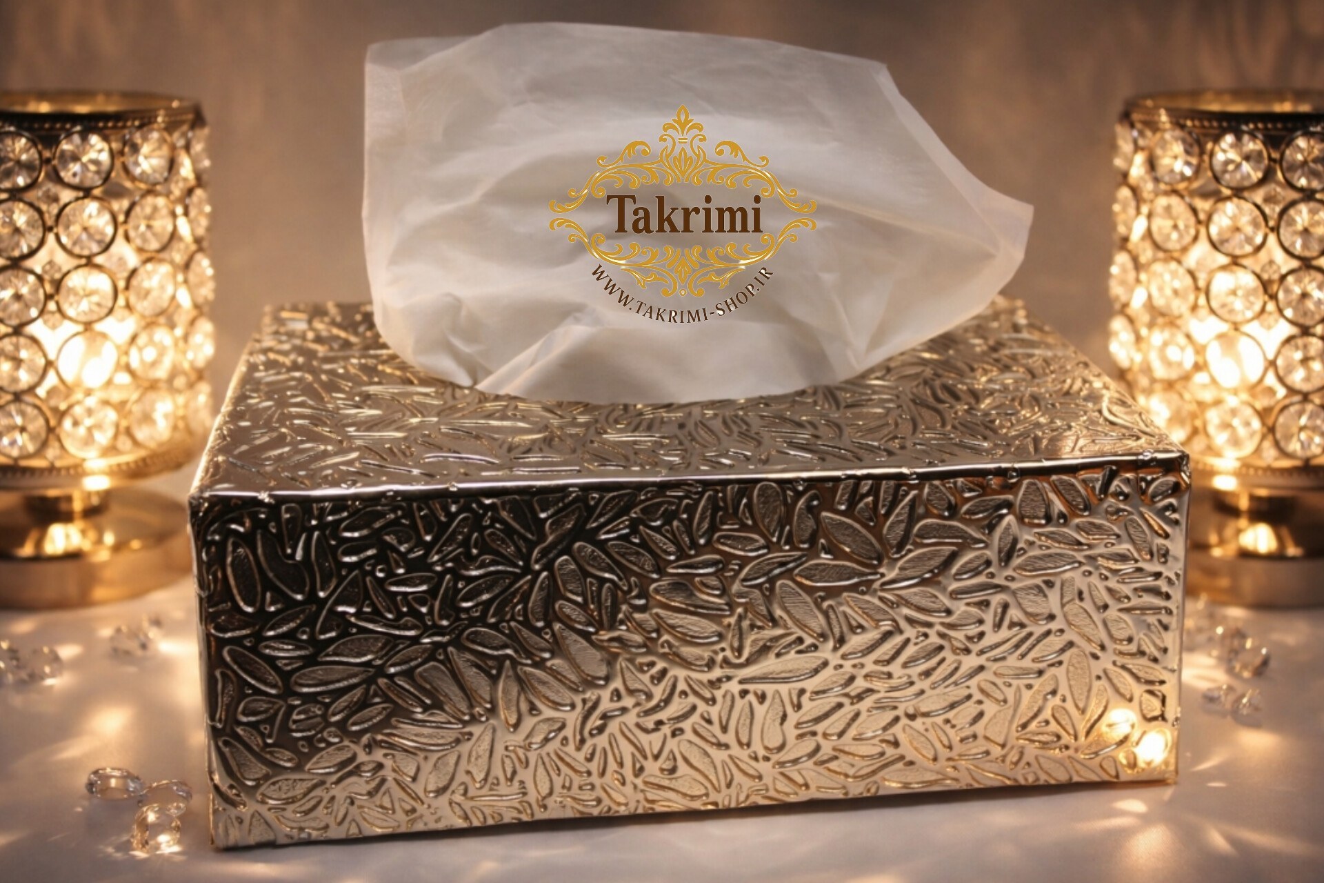 جادستمالی جا دستمالی جای دستمالی چکشی چرمی طرح دار آلومینیومی آلیاژی نقره ای کروم ( تکریمی شاپ )