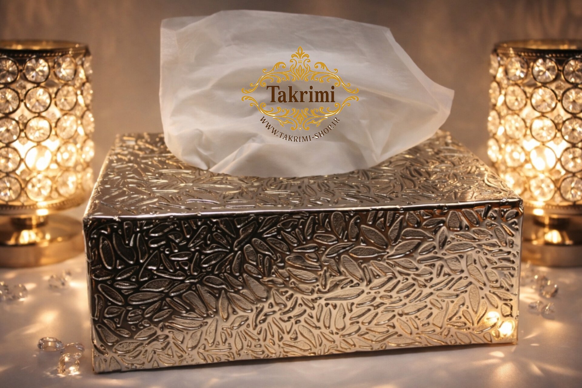 جادستمالی جا دستمالی جای دستمالی چکشی چرمی طرح دار آلومینیومی آلیاژی نقره ای کروم ( تکریمی شاپ )