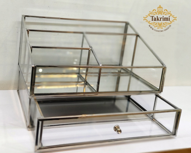 استند لوازم آرایشی جای لوازم آرایشی کشو دار نقره ای جنس اصلی ، شیشه و استیل خالص ( توليدی تکریمی شاپ )