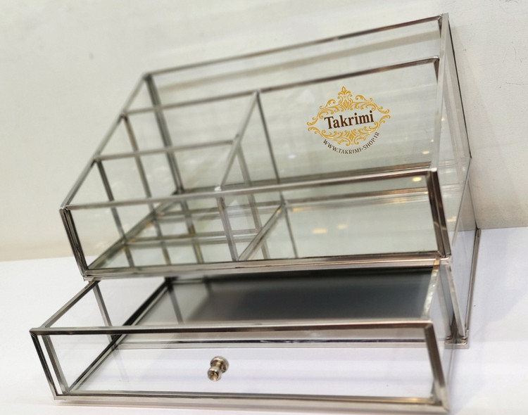 استند لوازم آرایشی جای لوازم آرایشی کشو دار نقره ای جنس اصلی ، شیشه و استیل خالص ( توليدی تکریمی شاپ )