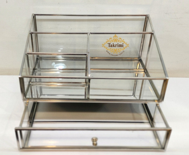 استند لوازم آرایشی جای لوازم آرایشی کشو دار نقره ای جنس اصلی ، شیشه و استیل خالص ( توليدی تکریمی شاپ )
