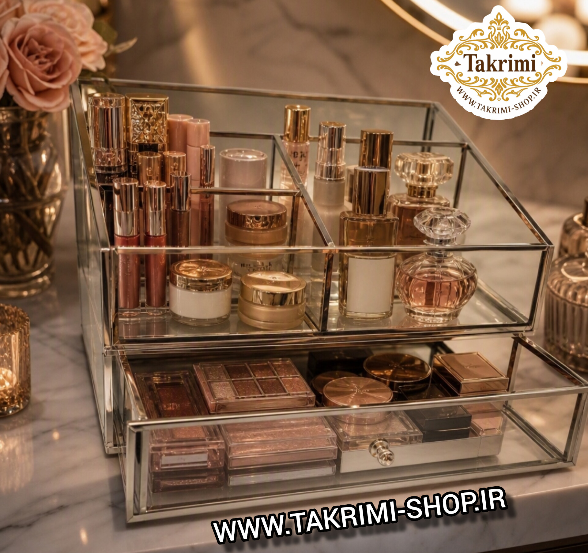 استند لوازم آرایشی جای لوازم آرایشی کشو دار نقره ای جنس اصلی ، شیشه و استیل خالص ( توليدی تکریمی شاپ )