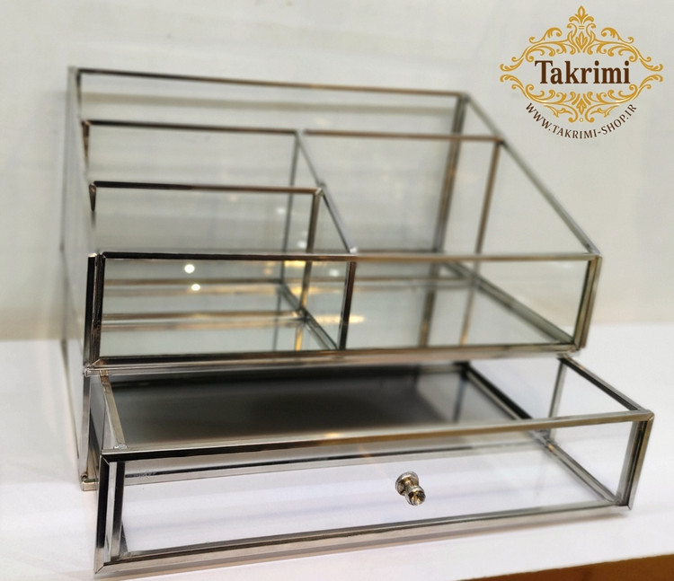 استند لوازم آرایشی جای لوازم آرایشی کشو دار نقره ای جنس اصلی ، شیشه و استیل خالص ( توليدی تکریمی شاپ )