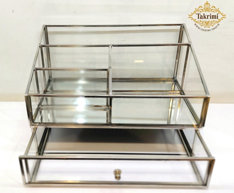 استند لوازم آرایشی جای لوازم آرایشی کشو دار نقره ای جنس اصلی ، شیشه و استیل خالص ( توليدی تکریمی شاپ )