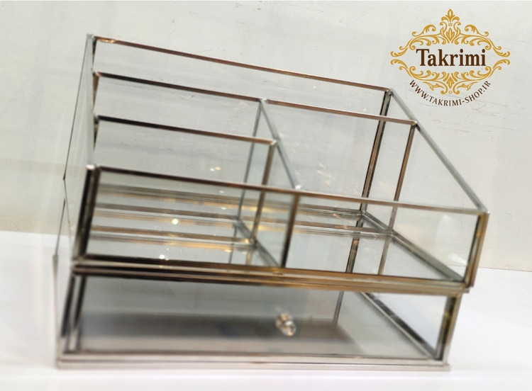 استند لوازم آرایشی جای لوازم آرایشی کشو دار نقره ای جنس اصلی ، شیشه و استیل خالص ( توليدی تکریمی شاپ )