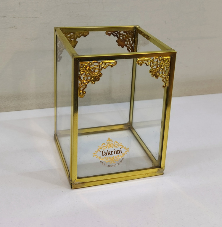 استند جابراشی جا براشی ( کوچک ) جای براشی لوازم آرایشی مداد باکس طلایی شیشه ای برنجی