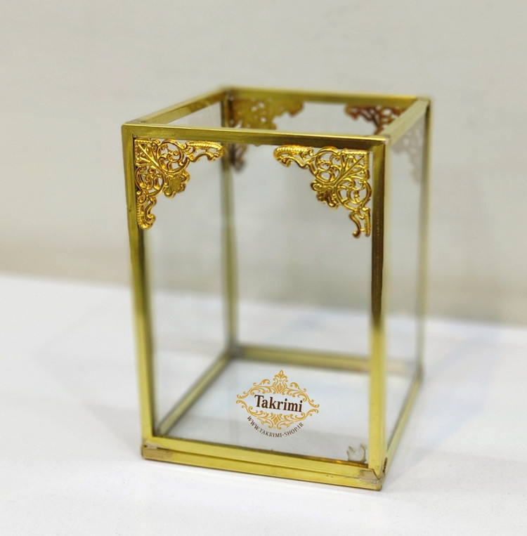 استند جابراشی جا براشی ( کوچک ) جای براشی لوازم آرایشی مداد باکس طلایی شیشه ای برنجی