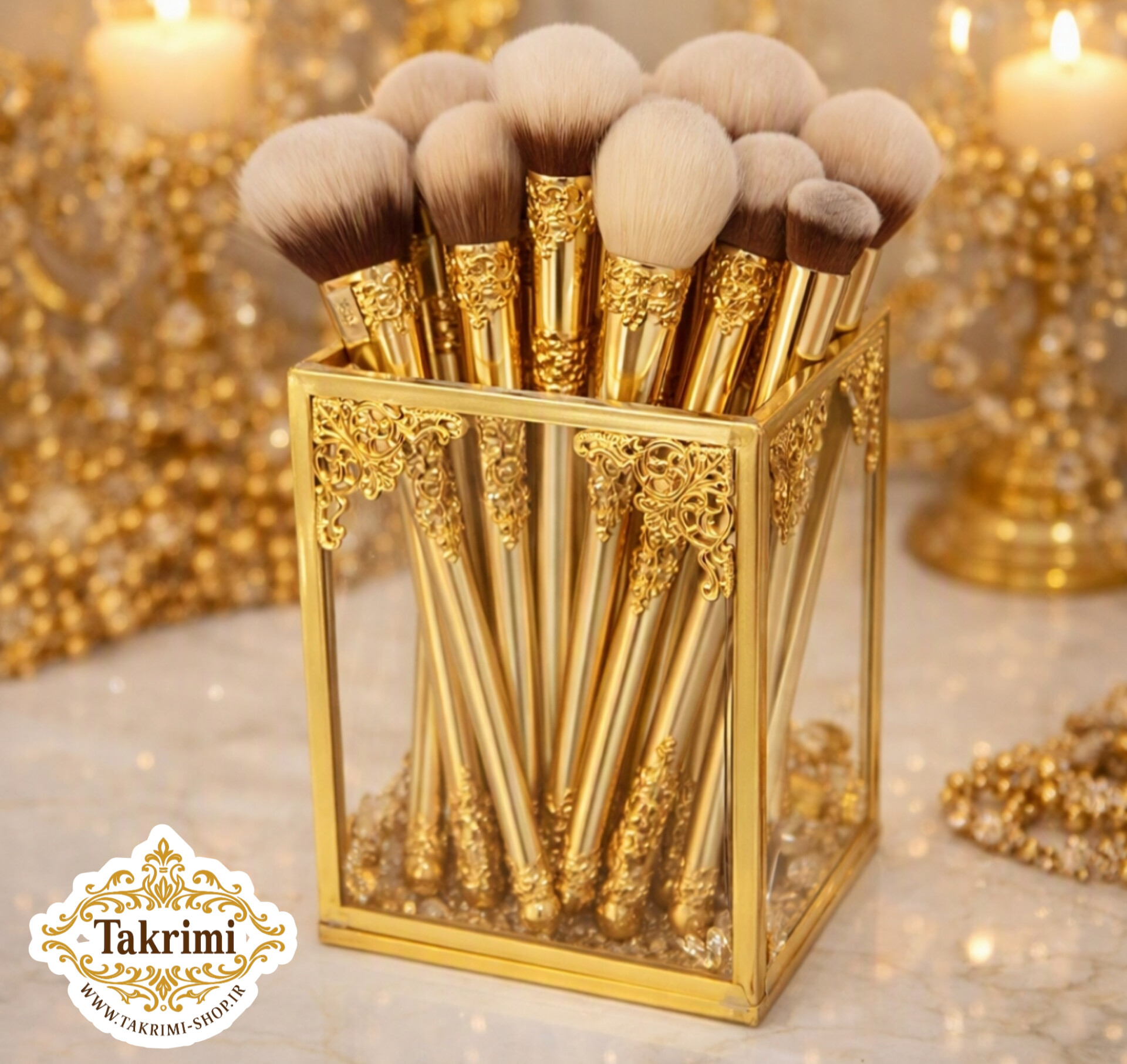 استند جابراشی جا براشی ( کوچک ) جای براشی لوازم آرایشی مداد باکس طلایی شیشه ای برنجی