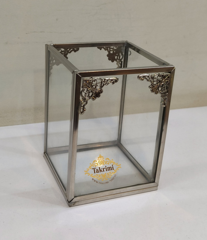 استند جابراشی جا براشی ( کوچک ) جای براشی لوازم آرایشی مداد باکس نقره ای شیشه ای برنجی