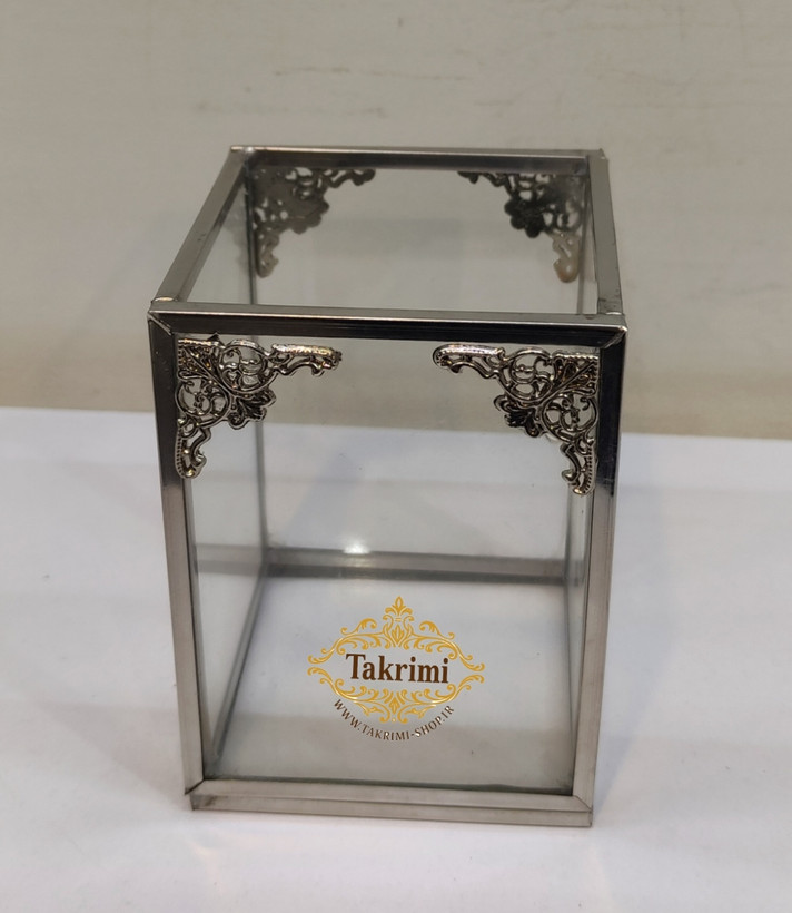 استند جابراشی جا براشی ( کوچک ) جای براشی لوازم آرایشی مداد باکس نقره ای شیشه ای برنجی