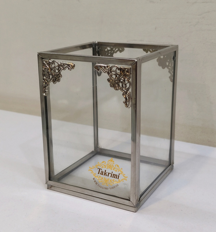 استند جابراشی جا براشی ( کوچک ) جای براشی لوازم آرایشی مداد باکس نقره ای شیشه ای برنجی