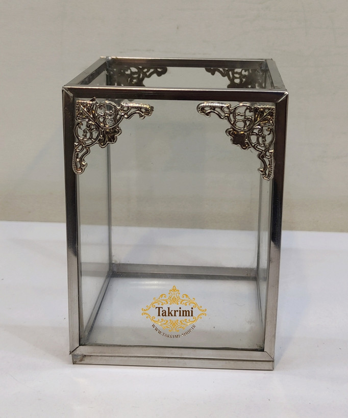 استند جابراشی جا براشی ( کوچک ) جای براشی لوازم آرایشی مداد باکس نقره ای شیشه ای برنجی