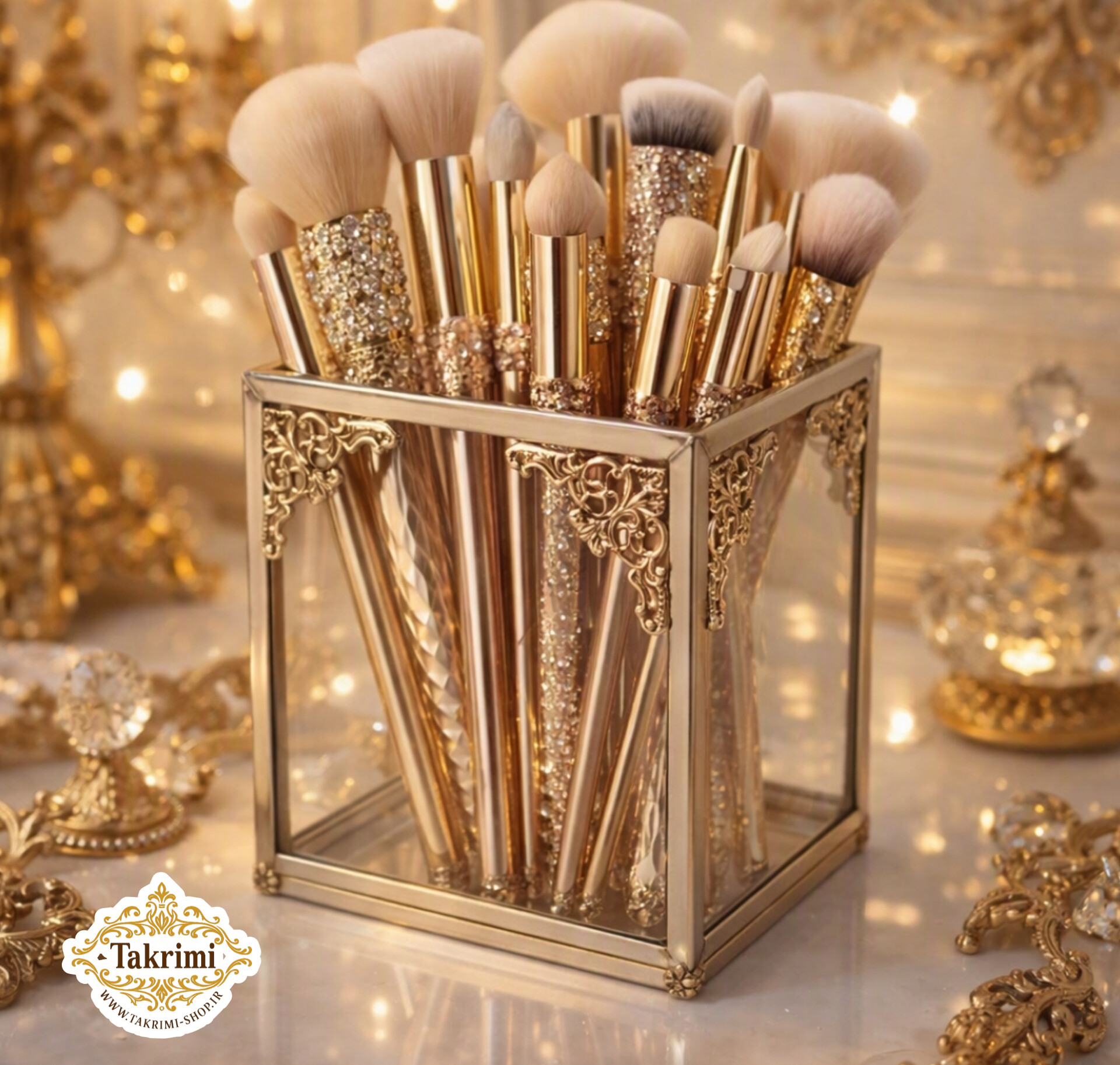 استند جابراشی جا براشی ( کوچک ) جای براشی لوازم آرایشی مداد باکس نقره ای شیشه ای برنجی