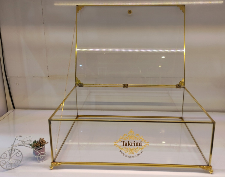 باکس شیشه ای خواستگاری ( خیلی بزرگ ) خاستگاری شب یلدایی شب چلگی چله ای شیرینی مینی کاپ کیک باقلوا درب دار مستطیل طلایی جنس شیشه ای و برنج خالص