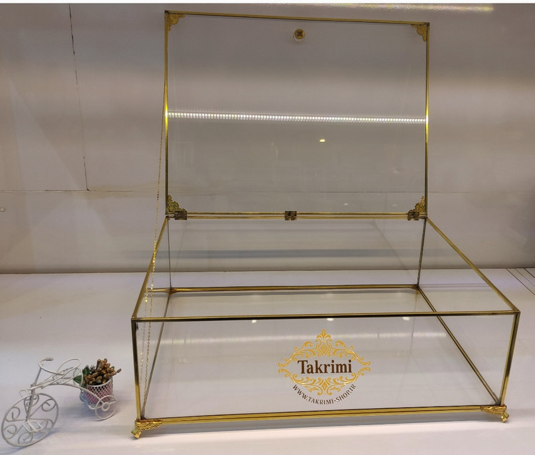 باکس شیشه ای خواستگاری ( خیلی بزرگ ) خاستگاری شب یلدایی شب چلگی چله ای شیرینی مینی کاپ کیک باقلوا درب دار مستطیل طلایی جنس شیشه ای و برنج خالص