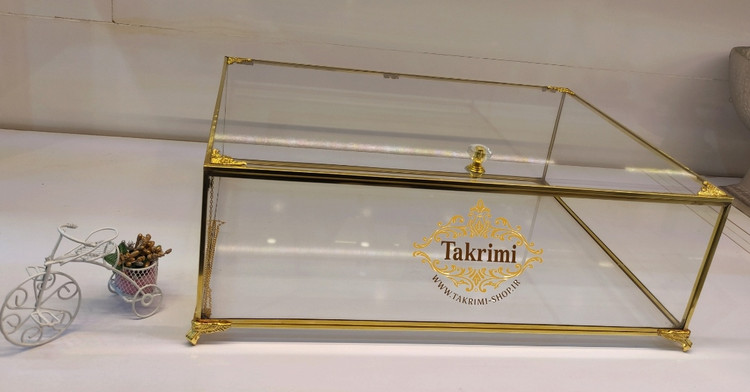 باکس شیشه ای خواستگاری ( خیلی بزرگ ) خاستگاری شب یلدایی شب چلگی چله ای شیرینی مینی کاپ کیک باقلوا درب دار مستطیل طلایی جنس شیشه ای و برنج خالص