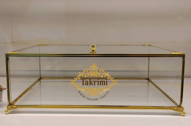 باکس شیشه ای خواستگاری ( خیلی بزرگ ) خاستگاری شب یلدایی شب چلگی چله ای شیرینی مینی کاپ کیک باقلوا درب دار مستطیل طلایی جنس شیشه ای و برنج خالص