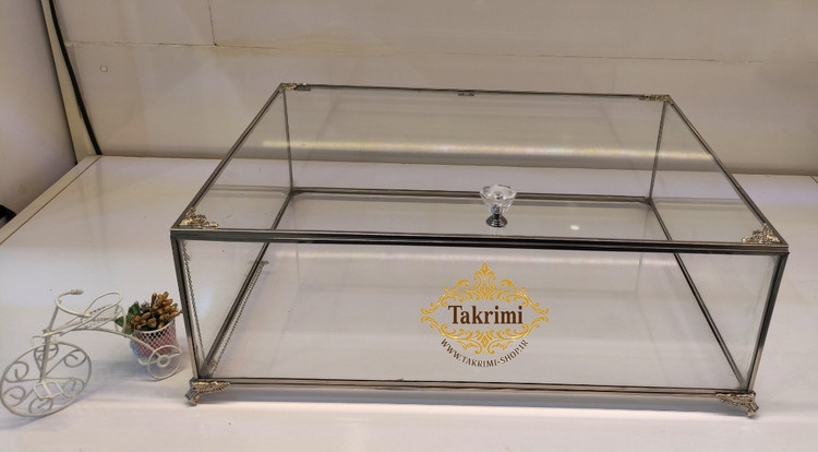 باکس شیشه ای خواستگاری ( خیلی بزرگ ) خاستگاری شب یلدایی شب چلگی چله ای شیرینی مینی کاپ کیک باقلوا درب دار مستطیل نقره ای جنس شیشه ای و استیل خالص
