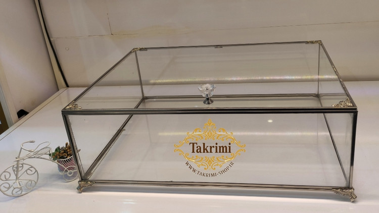 باکس شیشه ای خواستگاری ( خیلی بزرگ ) خاستگاری شب یلدایی شب چلگی چله ای شیرینی مینی کاپ کیک باقلوا درب دار مستطیل نقره ای جنس شیشه ای و استیل خالص