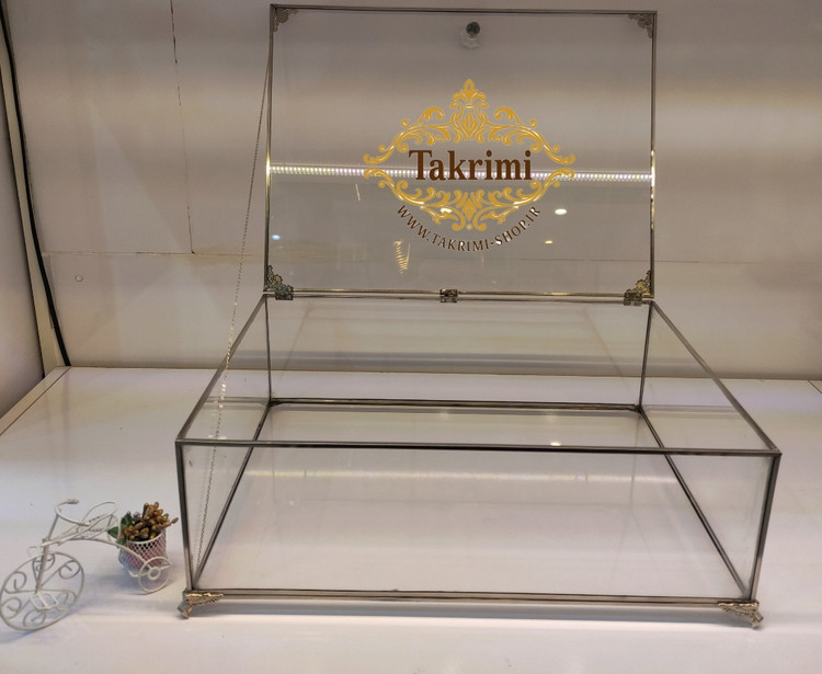 باکس شیشه ای خواستگاری ( خیلی بزرگ ) خاستگاری شب یلدایی شب چلگی چله ای شیرینی مینی کاپ کیک باقلوا درب دار مستطیل نقره ای جنس شیشه ای و استیل خالص