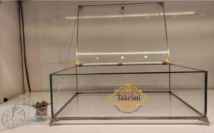 باکس شیشه ای خواستگاری ( خیلی بزرگ ) خاستگاری شب یلدایی شب چلگی چله ای شیرینی مینی کاپ کیک باقلوا درب دار مستطیل نقره ای جنس شیشه ای و استیل خالص
