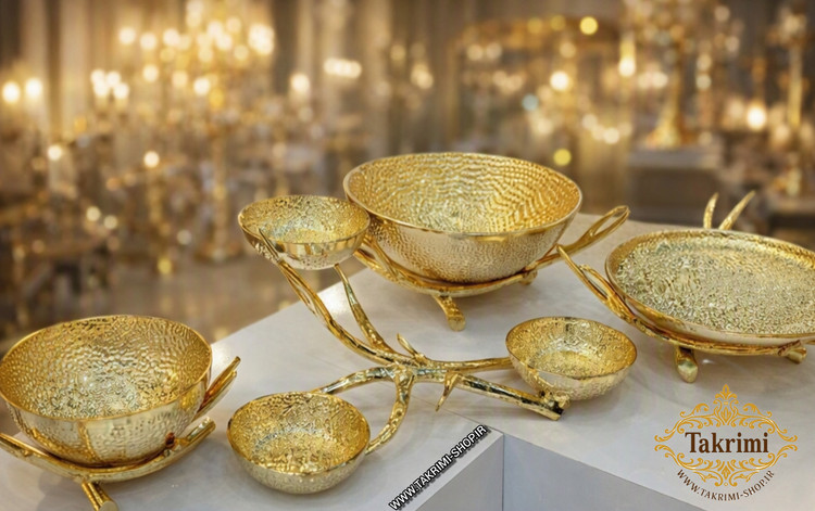 سرویس پذیرایی آنجل اصلی مدل چکشی ( 4 تکه ) طلایی براق جنس آلومینیوم خالص ( تکریمی شاپ )
