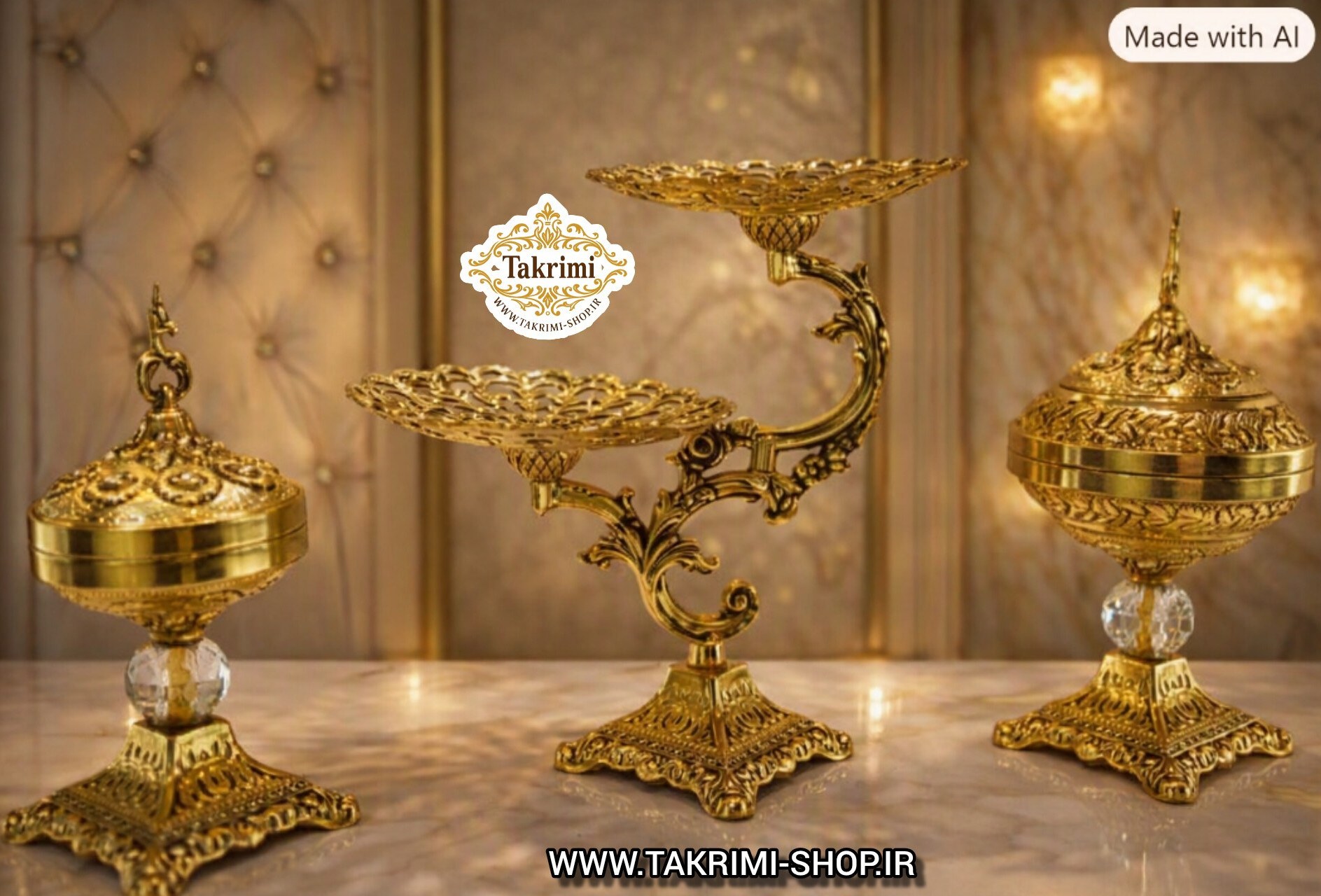 ست سرویس پذیرایی سه 3 تکه پارچه ( شامل شیرینی خوری 2 طبقه ، شکلات خوری ، آجیل خوری ) سلطنتی طرح برنجی